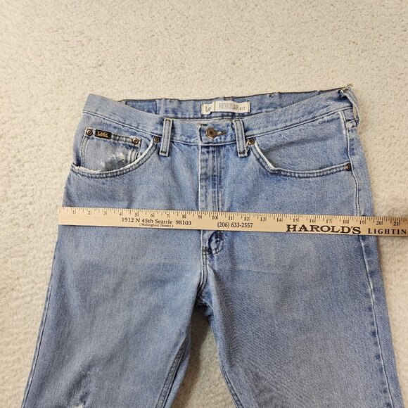 Lee Jeans Mens 34x32 Y2K Blue Denim Light Stone Wash Regular Fit Distressed Norm - Picture 7 of 16
